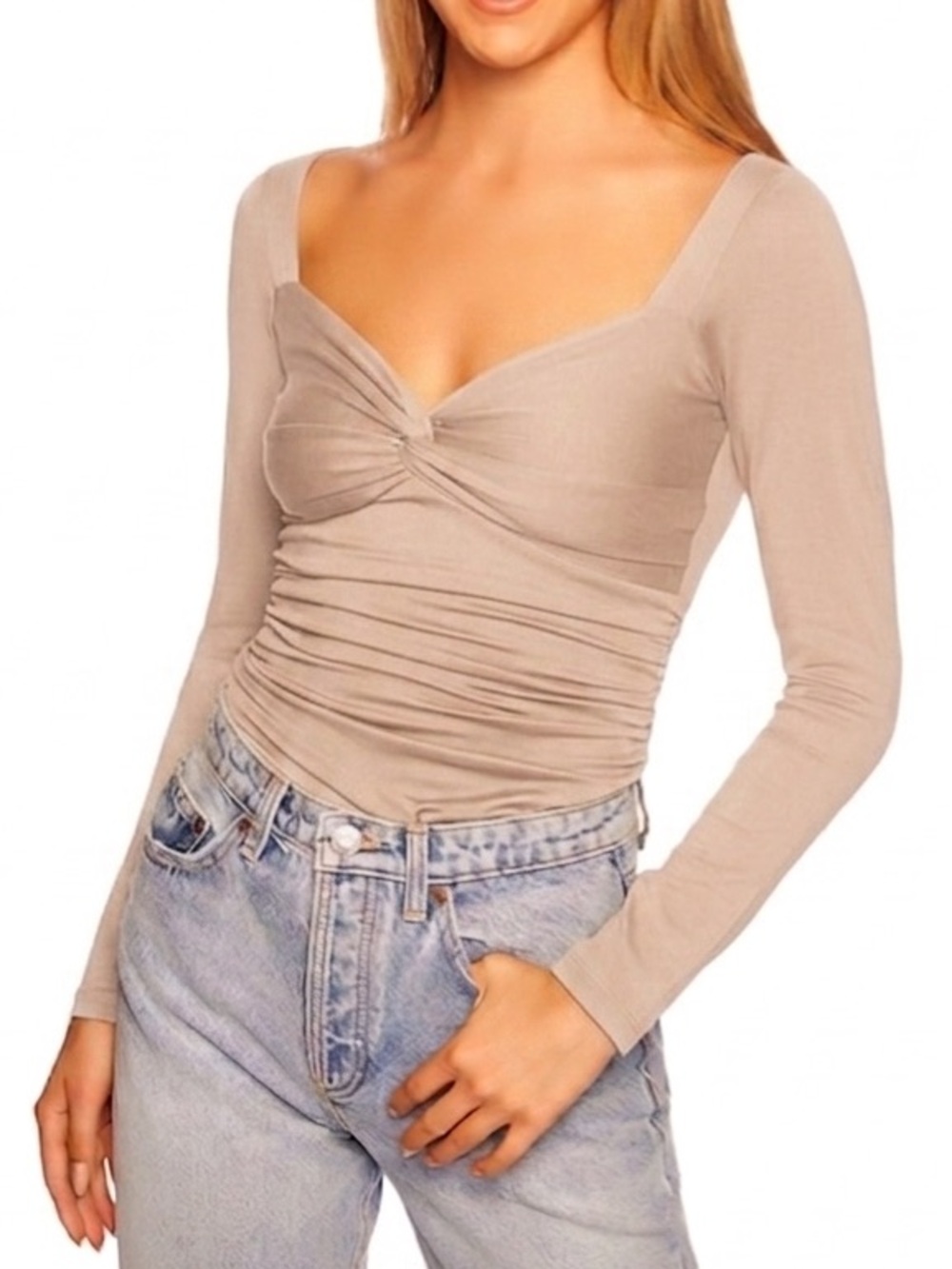 Susana Monaco Beige Twist-Front Long Sleeve Top